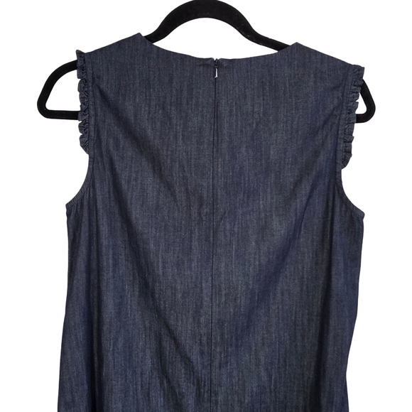 S Max Mara Denim Sleeveless Shift Dress Size US 6 Cotton Ruffle Hem Pockets - Picture 7 of 13
